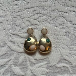 REBECCA MINKOFF GOLD TONE OVAL DROP EARRINGS WITH MULTICOLOR STONES NWOT